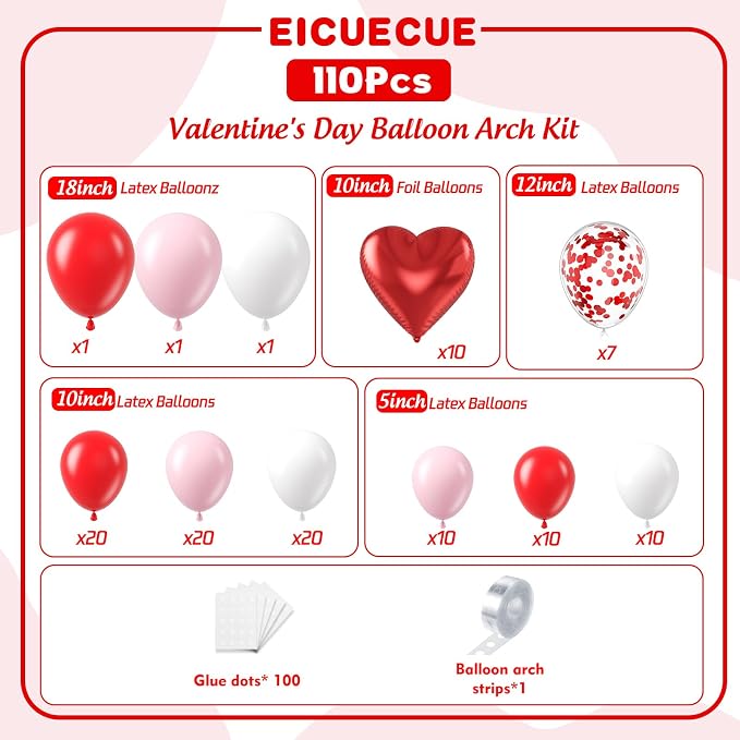 Valentines Day Balloons Garland Arch Kit - Different Size Red Pink White Balloons and Heart Foil Balloons for Valentine's Day Galentine's Day Engagement Anniversary Party Decoration Supplies