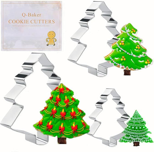 Christmas Tree Cookie Cutter Set, 3 Pieces Xmas Tree Cookie Cutters with Recipe Booklet Biscuit Molds for Chirstmas Day Party Decorations DIY Gift Family Kids Baking Tools