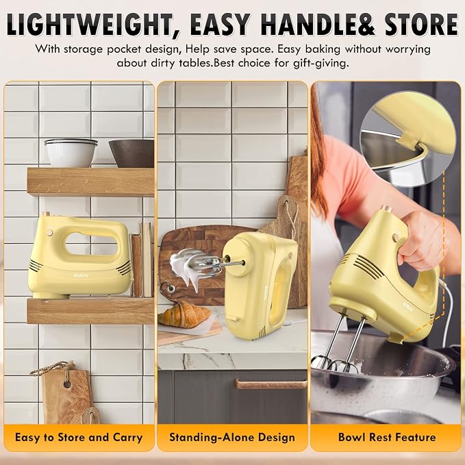 GUALIU Electric Hand Mixer with Stainless Steel Whisk, Dough Hook Attachment and Storage Bag, Handheld Mixer for Baking Cakes, Eggs, Cream Food Mixers. Turbo Boost /5 Speed Kitchen Blender Yellow