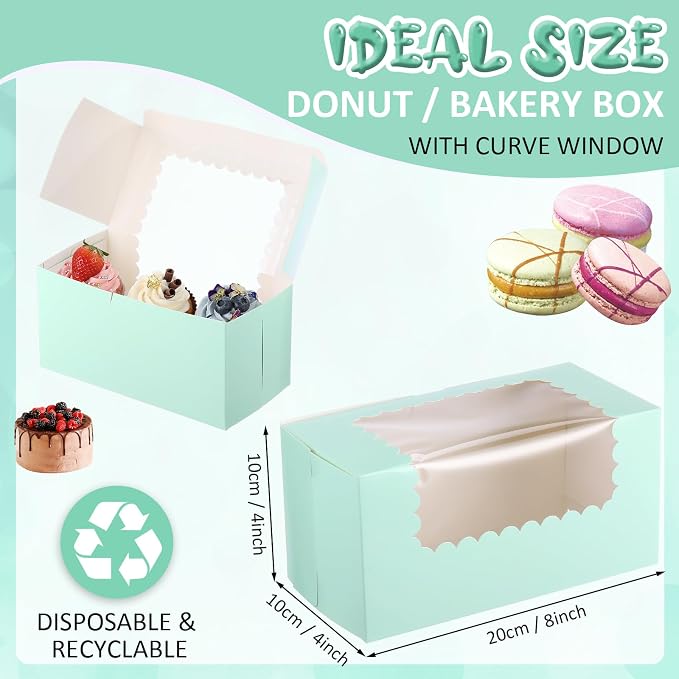 Ireer 60 Pcs 8x4x4 Inch Sage Green Bakery Boxes with Window Cookies Boxes Pumpkin Roll Container Donut Box Pastry Cake Packaging Safe for Wedding Cookies Loaf Muffins Breads Dessert Candies Treat