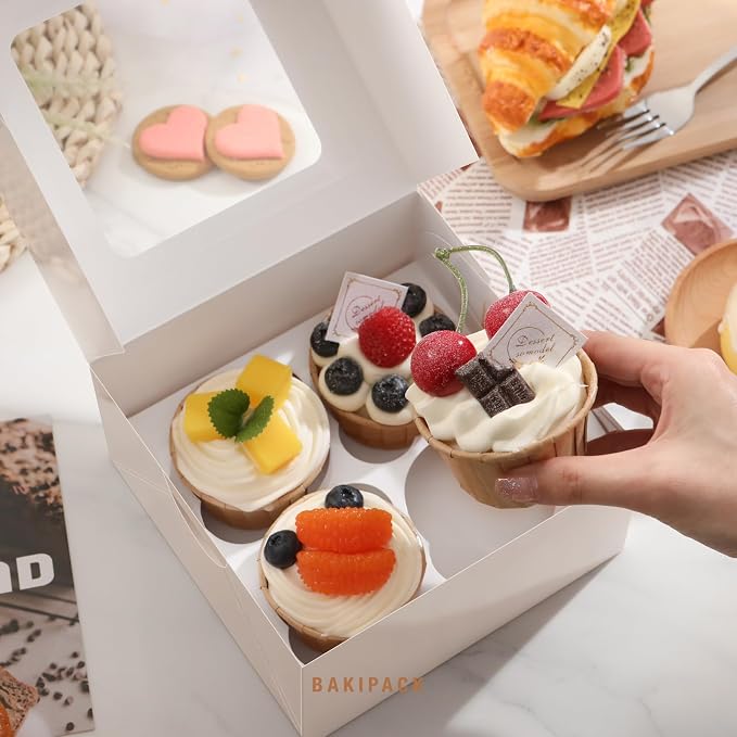25 White Cupcake Boxes, 4 Count Cupcake Containers with Window and Inserts, 6.3×6.3×3 Inches Cupcake Holders for Cupcakes, Muffins, Cookies, Desserts, Pastries