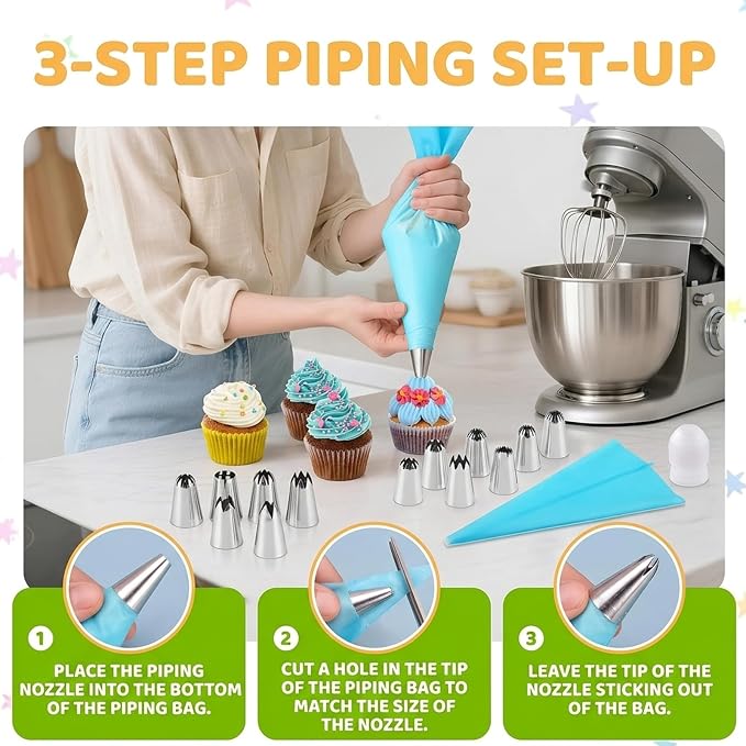 15 pcs Piping Tips Set, Large Piping Tips for Cake Decorating, Professional Pastry Making Tools with Reusable Bags, 12 Nozzles and Accessories for Cupcake and Cookie Design
