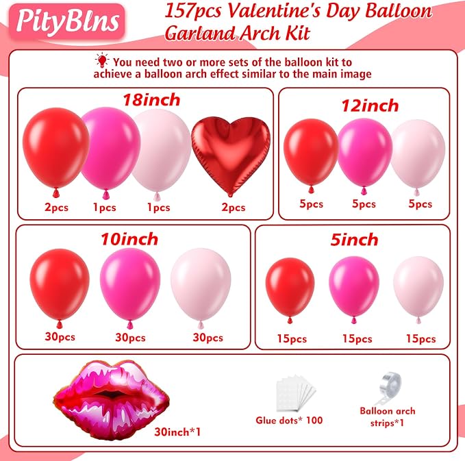 Valentine's Day Balloon Arch Kit - 157Pcs Red Heart and Lip Foil Balloons Hot Pink Red and Pink Latex Balloons Garland Kit for Valentines Day Galentines Day Anniversary Party Decorations