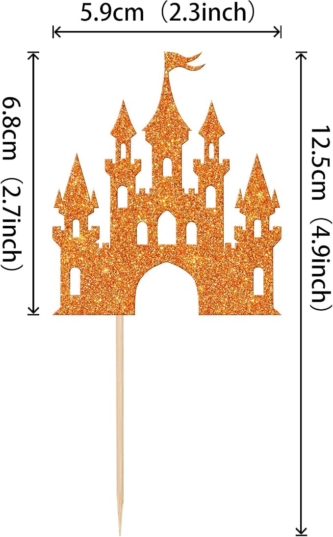 24 PCS Castle Cupcake Toppers Glitter Princess Cupcake Toppers Castle Theme Birthday Party Decoration Princess Happy Birthday Cake Decoration for Baby Shower Princess Birthday Party Supplies Orange