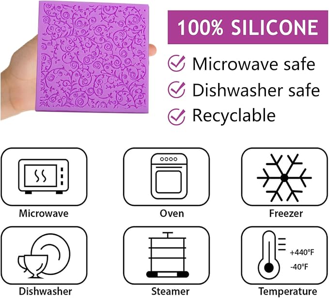 Silicone Texture Mats for Cake Decorating, Fondant Impression Mat, Cake Silicone Embossing Molds, Purple Lace Pattern for Cupcake Topper Clay Texture Stamp Birthday Set of 5