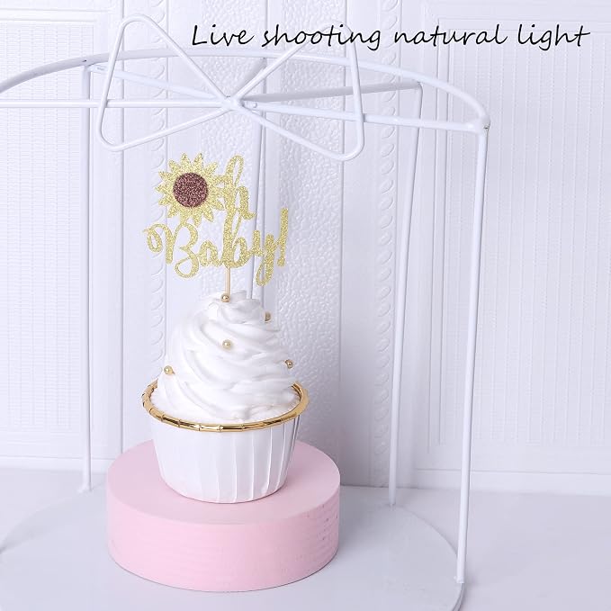 24 Pack Gold Glitter Sunflower Baby Shower Cupcake Toppers