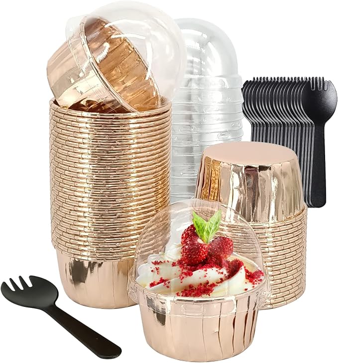 5oz Baking Cups with Lids 50 Pack,LNYZQUS Foil Cupcake Liners Muffin Tins,Disposable Ramekins Pans Muffin Cups Jumbo Cupcake Wrappers Holders for Wedding Party-Champagne