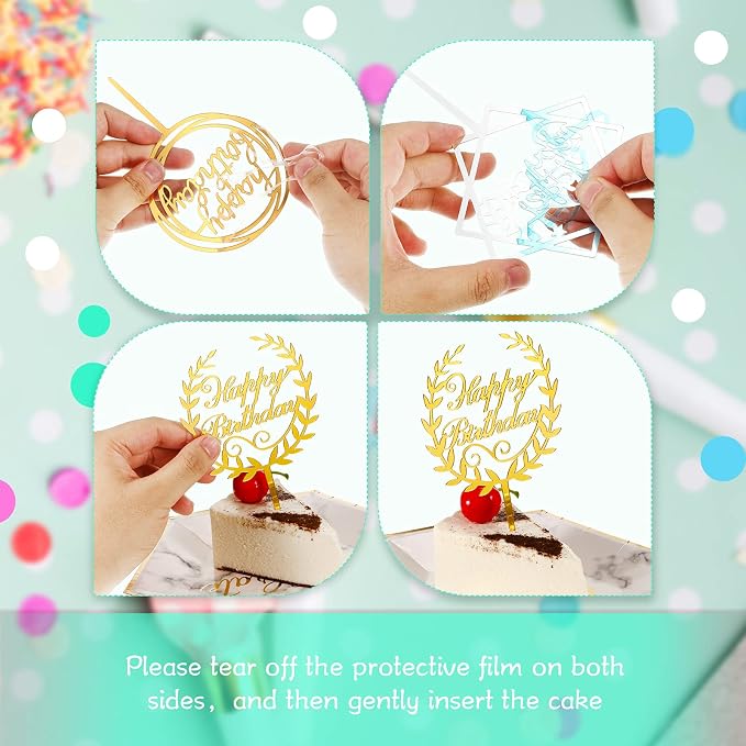 Macarrie 40 Pcs Gold Happy Birthday Cake Topper Acrylic Glittering Cupcake Topper Decorations for Birthday Event Party Supplies, 20 Different Shapes