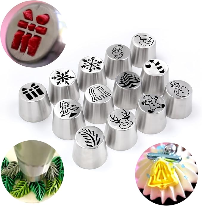 13 Pcs Extra Large Christmas Theme Icing Tips Set with10 Disposable Pastry Bags,1 Small Russian Flower Tip,1 Cleaning Brush for Cake Decoration,Cream Baking Tools