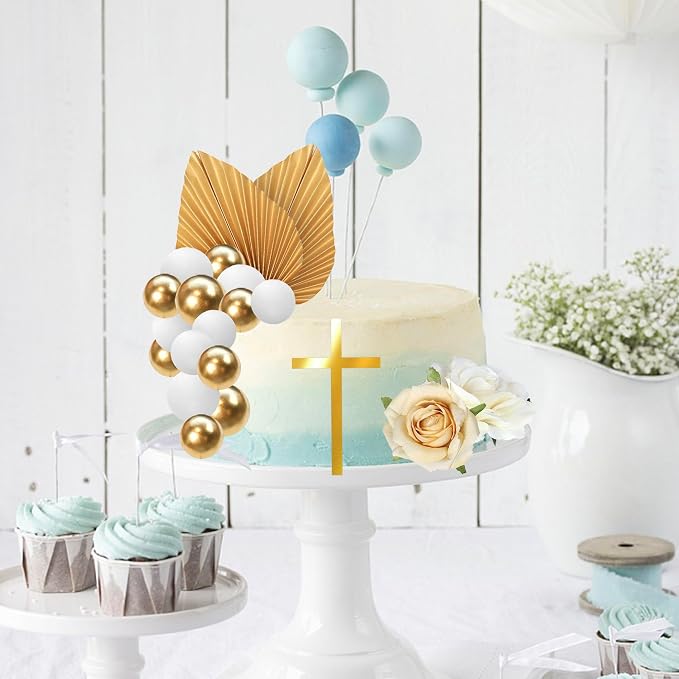 Rsstarxi Gold Cross Cake Decoration with White Gold Rose Balloon Cake Picks for Baptism Baby Shower Wedding Birthday Party DIY Cake Decorations Supplies