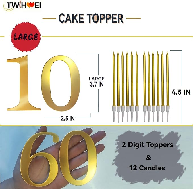 3.7IN Gold Acrylic Number 10 Cake Topper with 12 Gold Long Candles - Perfect for 10th Birthday Party Supplies, Ideal for Cake Decoration