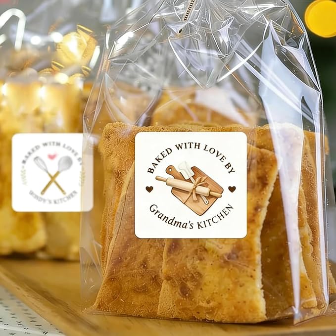 120-1000 Pack Personalized Bakery Labels,Custom Baked with Love Stickers for Homemade Goods,Branding, Packaging,Gift, Custom Cookie Business Stickers, Multiple Sizes (Square)