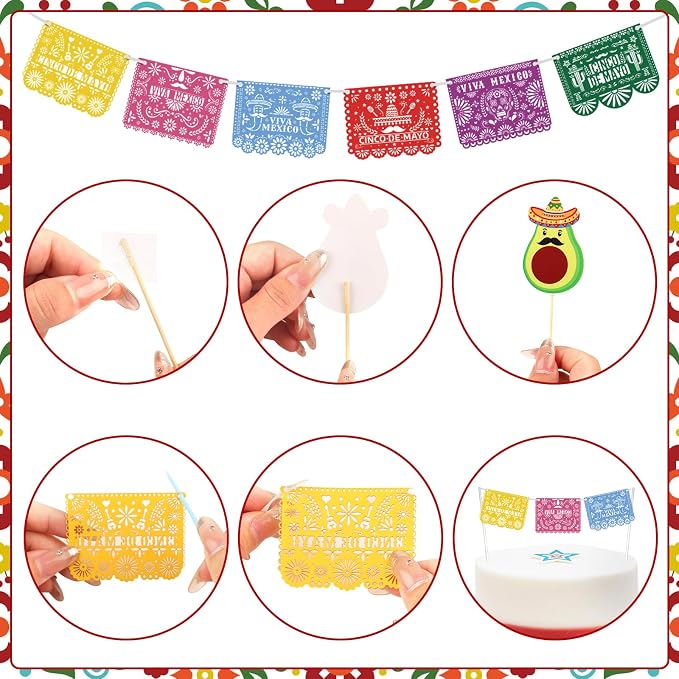 Hooqict 33Pcs for Fiesta Cake Decorations Set with Mini Papel Picado Banner, Serape Ribbon, Taco, Flower Mexican Cake Toppers & Cupcake Toppers for Cinco de Mayo Mexican Theme Party Decorations