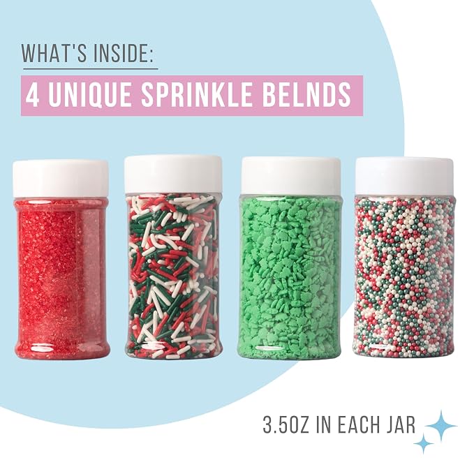 Sweets Indeed Sprinkles, 4 Pack, Edible Sprinkle Mix, Perfect for Cake Decorations, Baking, Ice Cream, Cookies, Cupcake Topper (Christmas)