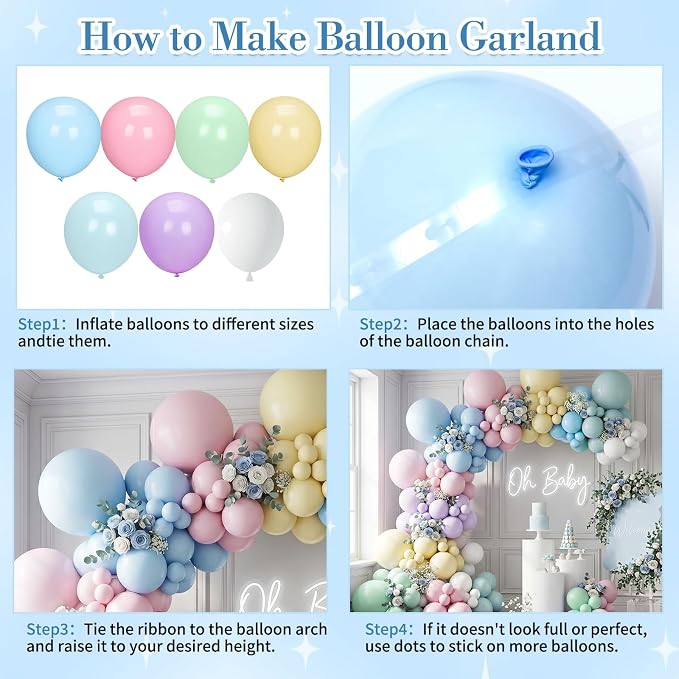 SNLN Blue Pastel Balloon Arch Kit, 140Pcs Macaron Blue Green Purple Yellow White Balloons for Baby Shower Gender Reveal Birthday Wedding Bridal Shower Party Decorations