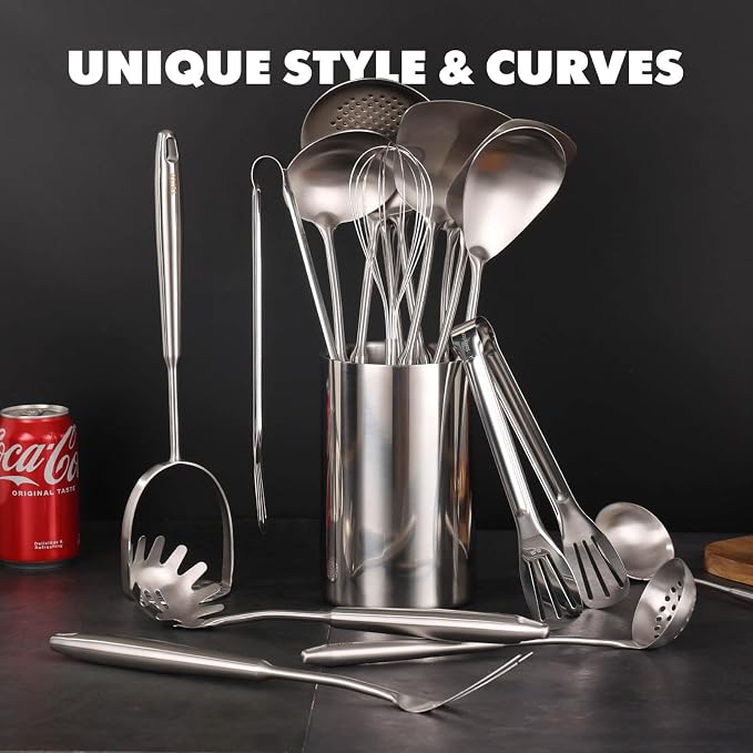 18/10 Stainless Steel Cooking Utensils Set - 16 PCS All Metal Serving Utensils, Kitchen Tools - Whisk, Masher, Fork, Tongs, Solid/Slotted Spoon, Spatula, Turner, Ladle, Skimmer, Pasta, Large Spoon Set