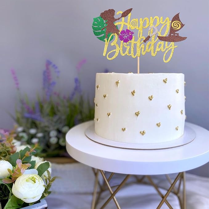 1 PCS Moana Happy Birthday Cake Topper Glitter Palm Leaf Flower Moana Cake Pick Tropical Hawaiian Luau Theme Cake Decorations for Baby Shower Kids Birthday Party Supplies Gold