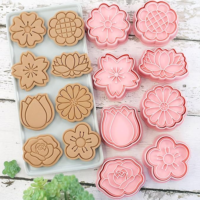 8 Flower Cookie Cutter, 3D Spring Floral Cookie Cutters with Tulip, Daisy, Sunflower, Rose, Cherry blossoms Shapes, Homemake Baking Tools for Mother's Day, Valentine, Holiday DIY Cookies (Flower Head)