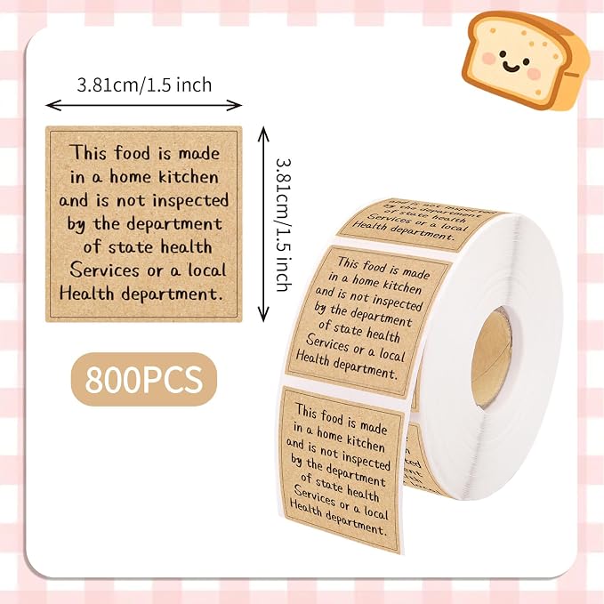 800pcs Cottage Food Law Labels 1.5x1.5 in Square - Kraft Brown | Made in a Home Kitchen Sticker Inspection Statement Ingredient Label for Homemade Bakery Farmers Market Food Packaging