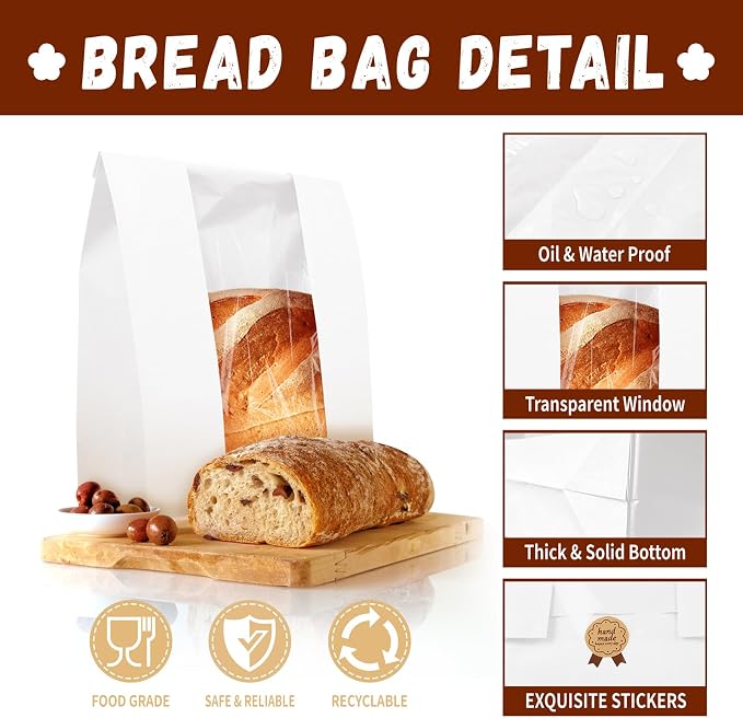 30 Pack Large Bread Bags for Homemade Sourdough Bread - Kraft Paper Storage Bakery Bags with Clear Window Bonus 50 Seal Stickers for Sourdough Sandwich (13.7x8.2x3.5 Inches, White)
