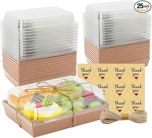 7x5x2.5 Charcuterie Boxes with Clear Lids, Large Disposable Bakery Dessert Boxes, Bakery Take Out Containers, To Go Food Container for Chocolate, Sandwich, Cookie, Cupcake, Pastries (25, Brown)