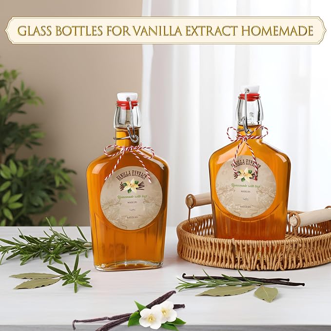 Uiifan 2 Pack 12 oz Vanilla Extract Bottles with Swing Top Flask Whiskey Pocket Clear Glass Flask for Homemade Vanilla Extract Lemon Kombucha Water Apply Christmas Wedding Gift (Clear)