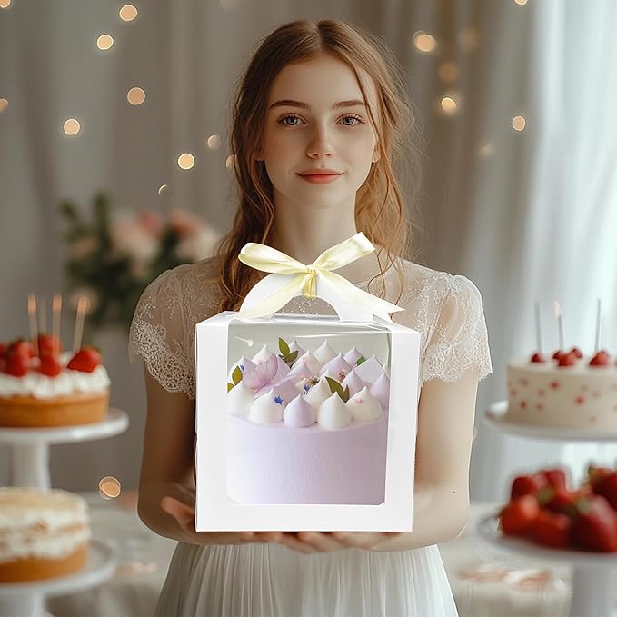 MUMULULU 15 PCS 6 x 6 x 6 Inches Cake Boxes with Carry Handles and Cake Boards White Bakery Boxes with Silk Ribbon and Stickers for Cakes Pastries Birthday Party Wedding