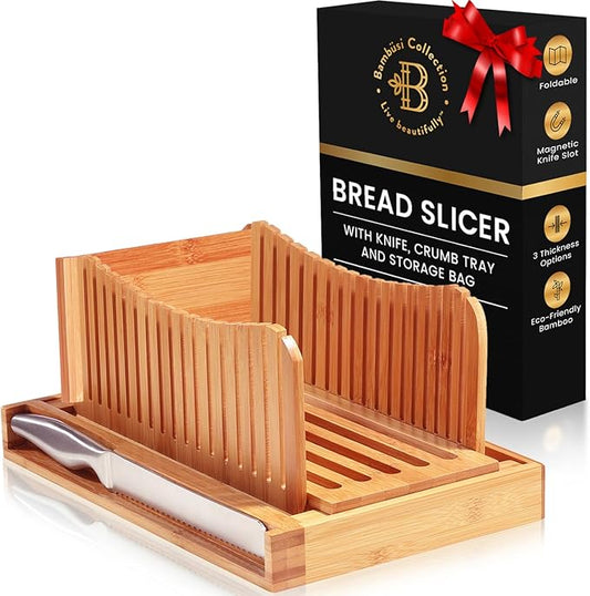 Bread Slicer for Homemade Bread - Bamboo Bread Slicer with Knife, Foldable Bread Slicing Guide with 3 Adjustable Thickness, Crumb Tray, Bread Cutter for Sourdough, Bagels, Loaf, Toast, Kitchen Gifts