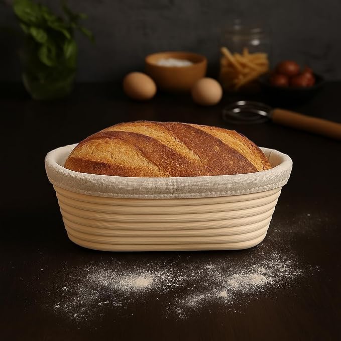 Saint Germain Bakery Premium Round Bread Banneton Basket with Liner - Perfect Brotform Proofing Basket for Making Beautiful Bread (10 inch Oval)