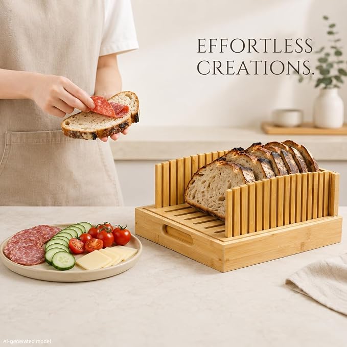 10.5" Bamboo Bread Slicer for Homemade Bread, Adjustable Sourdough Cutter Guide with Crumb Catcher Tray, Wooden Board for Round Loaves & Sandwich Slices