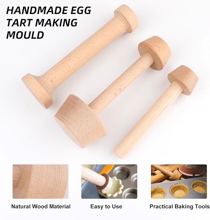 3 Pcs Wooden Tart Tamper Set,Double Sided Pie Pastry Dough Tamper,Natural Beech Wood Pastry Dough Press,Baking Tools for Egg Tarts