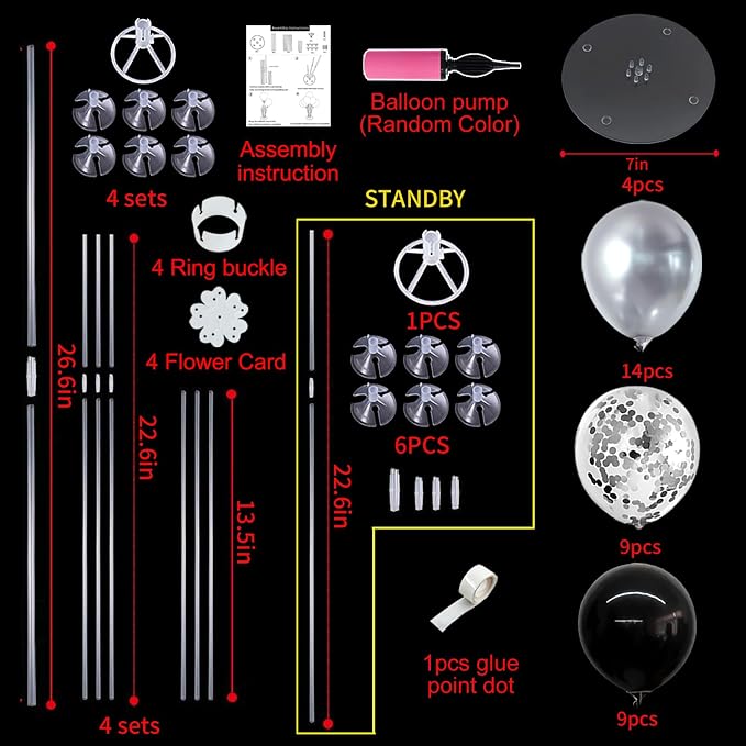 TONIFUL 4 Set Black and Silver Balloon Centerpiece for Table, Balloon Stand Kit for Birthday, Anniversary, Wedding, Halloween and Black Silver Party Decorations,2026 Graduation Decorations,Retirement