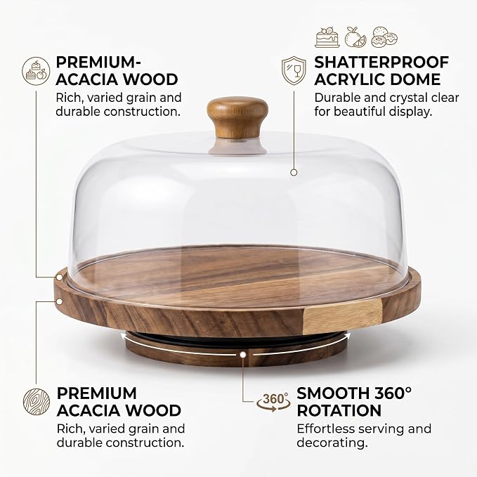 Rotating Acacia Wood Cake Stand with Lid 360°Rotating Cake Stand & Cake Turntable 11.4 Inch Wooden Cake Stand with Lid Clear Acrylic Cake Stand with Dome for Dessert Cupcake Display
