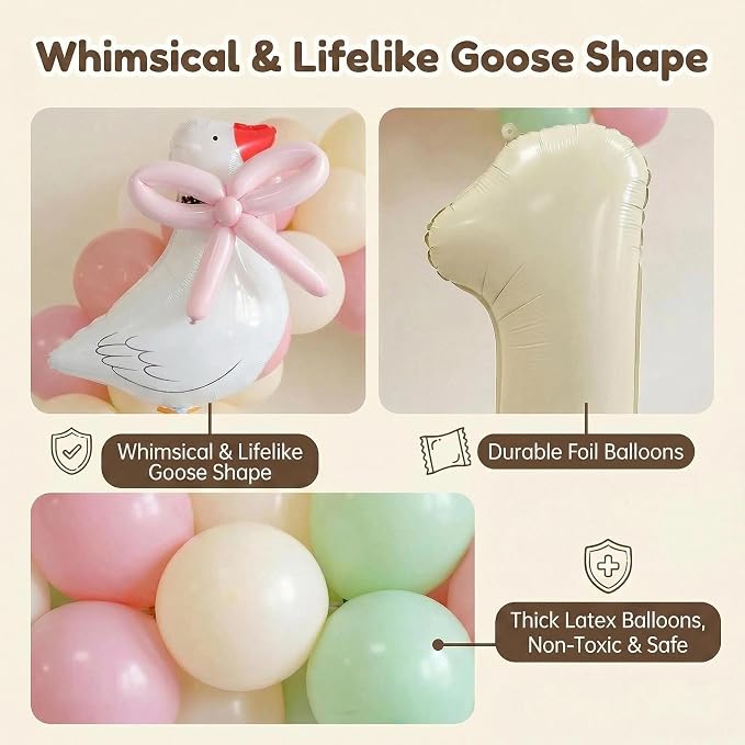 One Silly Goose 1st Birthday Balloon Arch Kit - Light Green, Soft Pink, Cream Macaron Balloon Garland with Goose Foil Balloons and 32" Cream Number 1 for Girls Boys First Birthday Party Decorations