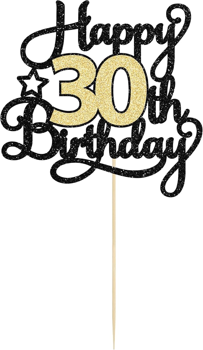 1Pc Happy 30th Birthday Cake Topper Black Gold Glitter Cheers to 30 Years Birthday Cake Pick 30 Fabulous Cake Decoration for Happy 30th Birthday Anniversary Party Cake Decorations Supplies