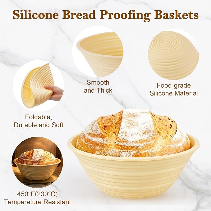 4 Pack Silicone Banneton Bread Proofing Baskets, 9" Collapsible Non-Stick Sourdough Proofing Bowls for Bread Baking, Round Dough Rising Baskets