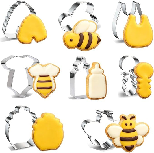 8 Pieces Bee Theme Baby Shower Cookie Cutter Set, Stainless Steel Small Bee Biscuit Cutters Baby Bottle, Bee, Rattle, Bib Fondant Molds Perfect for Baby Shower Bee Birthday Party Baking Supplies