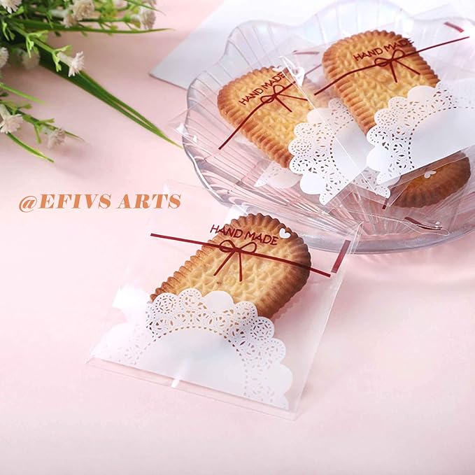 200pcs 5.5x5.5in Lovely Lace Bowknot Clear Biscuit Roasting Treat Present DIY Plastic Candy Individual Wrappers Self Adhesive OPP Cookie Bakery Decorating Favor Bags