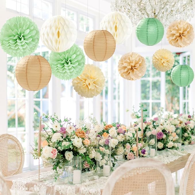 Sage Green-Boho Party-Decorations Paper-Flowers Lanterns - 15PCS Safari Rustic Neutral Baby Shower Tissue Pom Poms Streamers, Champagne Gold Birthday Wedding Graduation Hanging Supplies Decor Hugfond