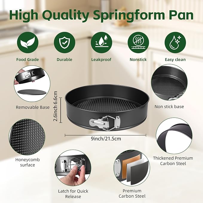 9 Inch Nonstick Springform Pan - Cheesecake Pan with Removable Bottom, Round Baking Mold for Cheesecake, Pie, Desserts & More - Baking Bakeware Accessory, Matte Black