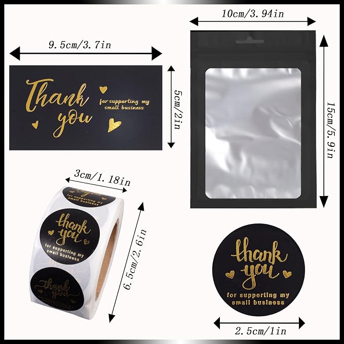 620pcs Thank You Business Cards & Stickers Set - Gold Foil, 100 Cards, 500 Stickers, 20 Resealable Bags (Black)