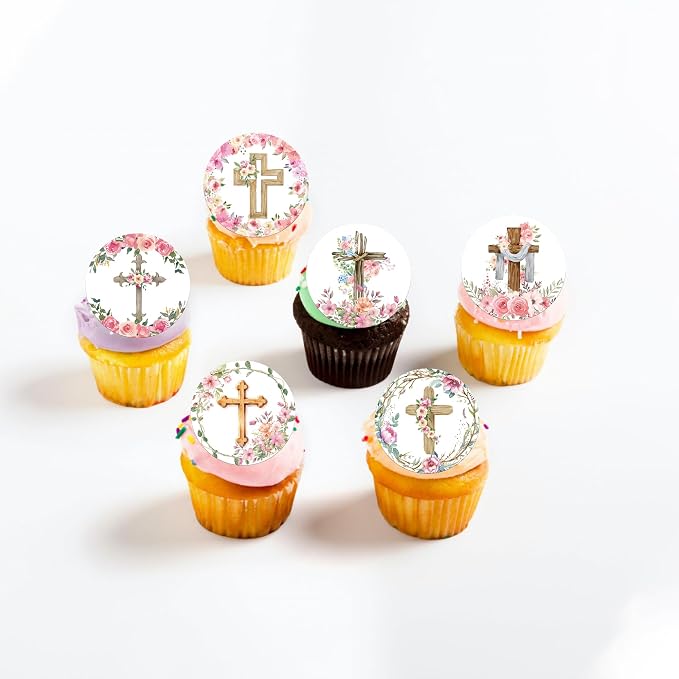 64 PCS Edible Floral Cross Cupcake Toppers Greenery Chapel of the Holy Cross Cupcake Picks Edible God Bless Christian Baptism Cake Decorations for First Communion Baby Shower Birthday Party Supplies