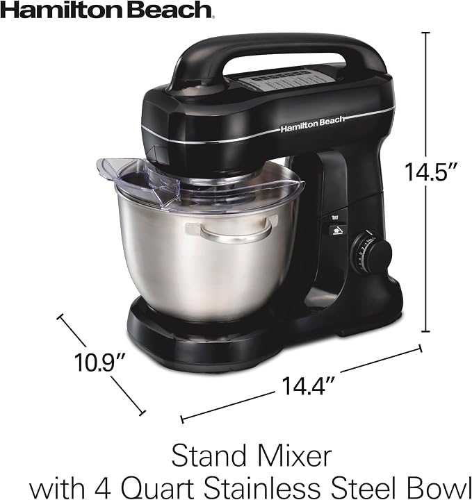 Hamilton Beach Electric Stand Mixer, 4 Quarts, Dough Hook, Flat Beater Attachments, Splash Guard 7 Speeds with Whisk, Easy-Carry Top Handle, Black