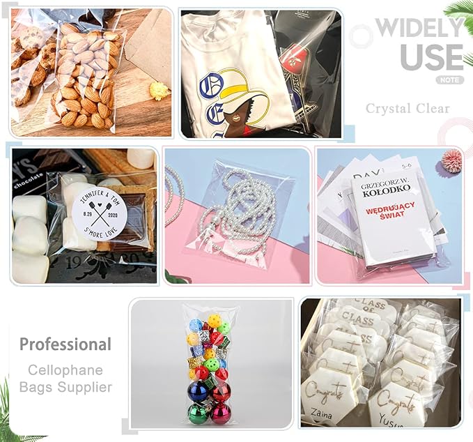 100 pcs 7" x 10" Clear Resealable Cellophane Bags Self Sealing Cellophane Bags for Cookie, Candy, Gift Bakery, Prints, Photos, Cards, Party 2.8 mils