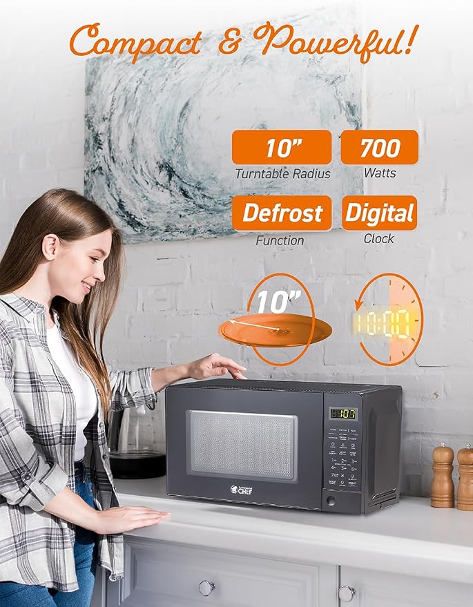 COMMERCIAL CHEF 0.7 Cubic Foot Microwave with 10 Power Levels, Small Microwave with Pull Handle, 700W Countertop Microwave up to 99 Minute Timer and Digital Display, Black