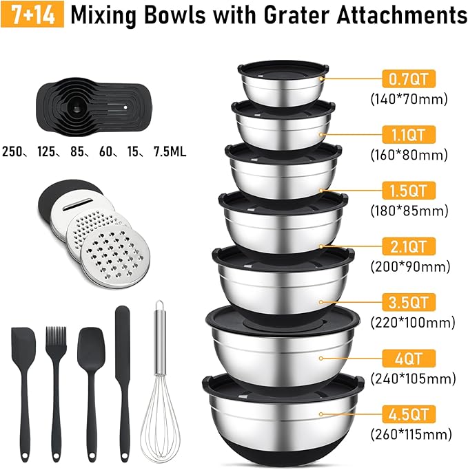 Unokit Mixing Blows with Lids Set - 7-Piece | Non-Slip Stainless Steel Nesting Mixing Bowls with Grater Attachments, Mixing Bowl Set for Multi Mixing & Serving
