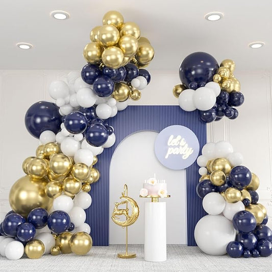 136pcs Navy Blue Gold White Balloons Garland Arch Kit,18 12 10 5 Inch Different Sizes Pack Party Latex Balloons for Valentine’s Day Birthday Holiday Party Decorations