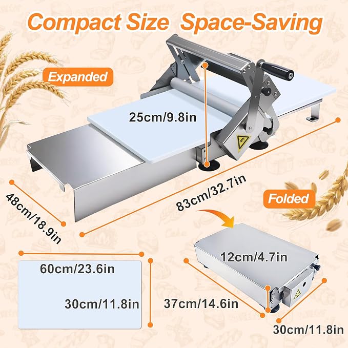 32.7"x18.9" Manual Dough Sheeter with Adjustable Thickness 0-25mm, Folding Dough Sheeter Machine for Commercial Home Bakery, Stainless Steel Portable Dough Machine for Pizza, Puff Pastry(300)