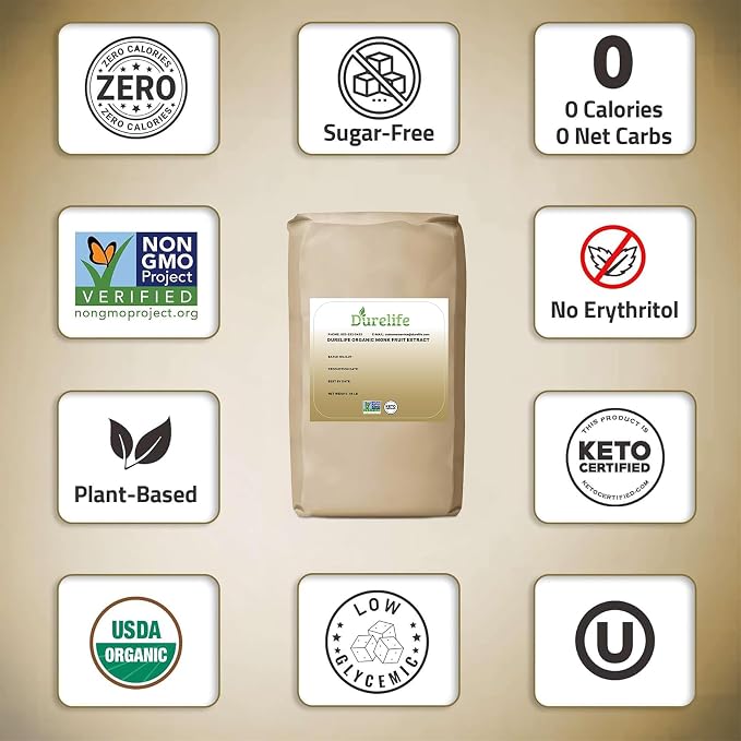 DureLife Organic 100% Pure Monk Fruit Sweetener, No Erythritol, 704 Oz | Zero Calorie Sugar Substitute, No Fillers, Keto Certified, OU Kosher, USDA Organic, Non-GMO Project Verified