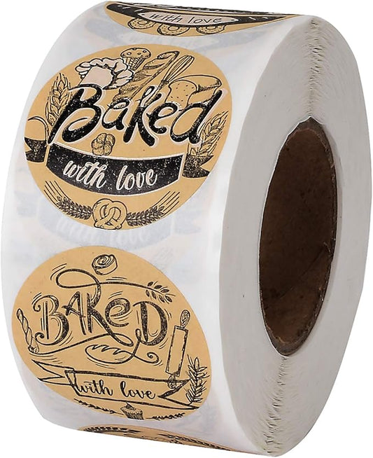 600 Baked with Love Stickers 1.5" Round Natural Kraft 6 Unique Design Perfect for Baked Goods Packing and Wrapping, Add Unique Touch to Your Business and Homemade Cookies